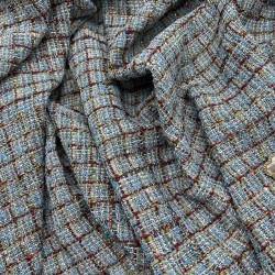 Твид меланжевый джинсового оттенка в клетку с шифоновыми лентами и люрексом