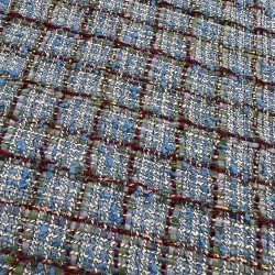 Твид меланжевый джинсового оттенка в клетку с шифоновыми лентами и люрексом