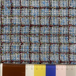 Твид меланжевый джинсового оттенка в клетку с шифоновыми лентами и люрексом