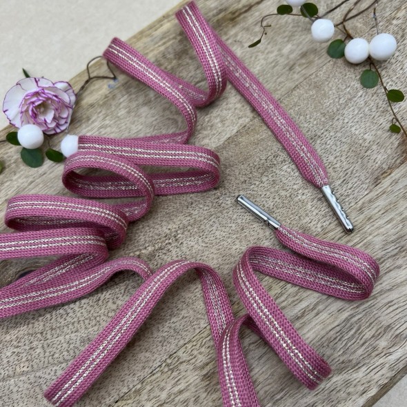 Шнурки трикотажные бруснично-розовые с золотистыми полосками