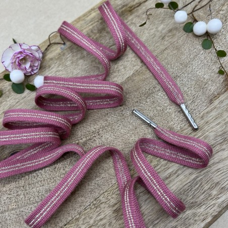 Шнурки трикотажные бруснично-розовые с золотистыми полосками