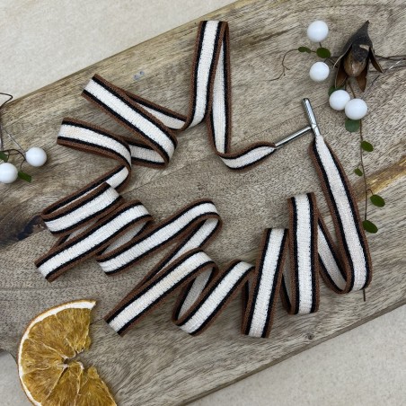 Шнурки трикотажные молочные с коричневыми и чёрными полосками