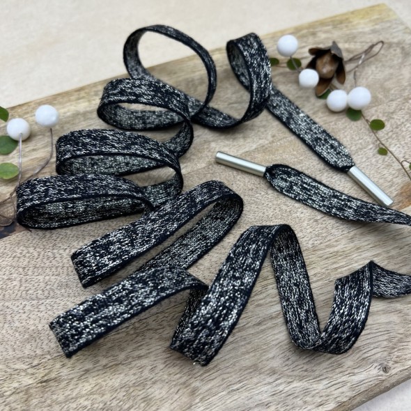 Шнурки трикотажные кругловязаные, черно-бежевый меланж c золотистым люрексом