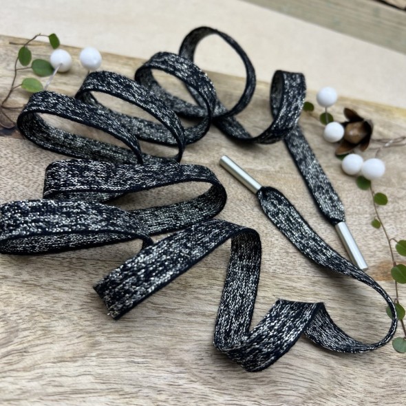 Шнурки трикотажные кругловязаные, черно-бежевый меланж c золотистым люрексом