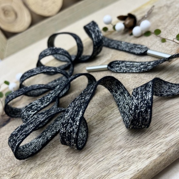 Шнурки трикотажные кругловязаные, черно-бежевый меланж c золотистым люрексом