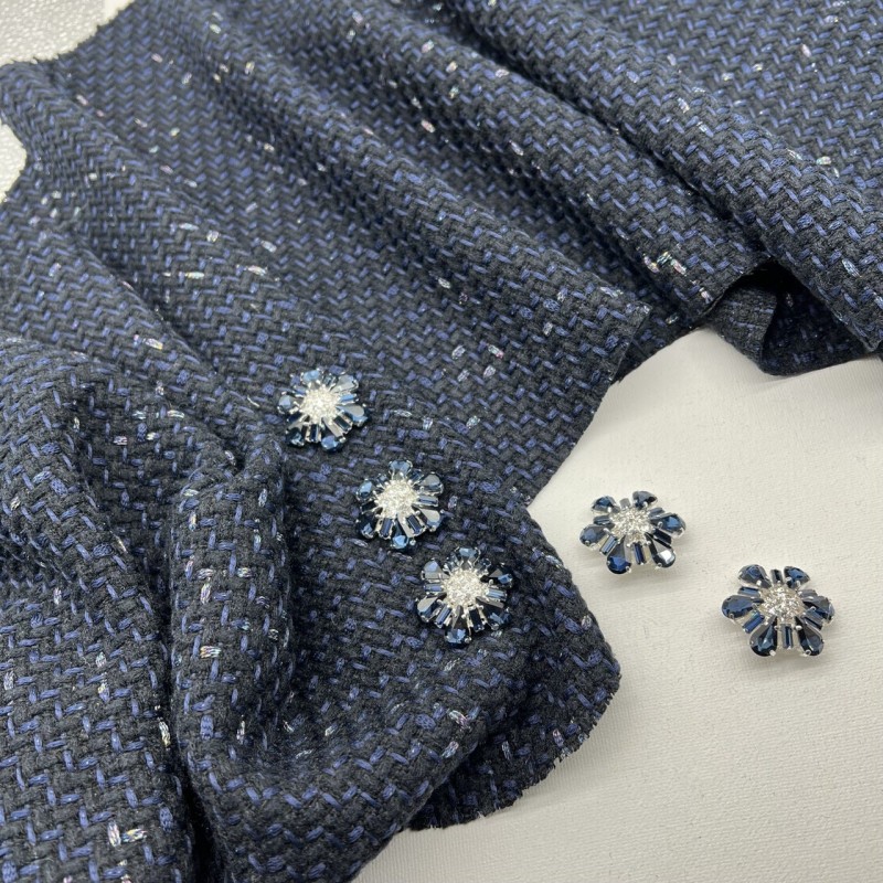 Твид чёрный с синими и серебристыми нитями