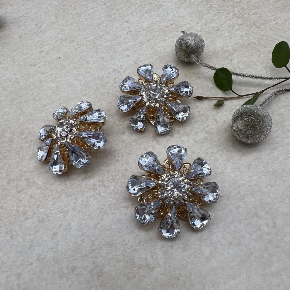 Пуговицы  золотистый металл со стразами цвета кристалл, 28 мм