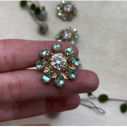 Пуговицы  золотистый металл со стразами нежно-зелёного цвета, 28 мм