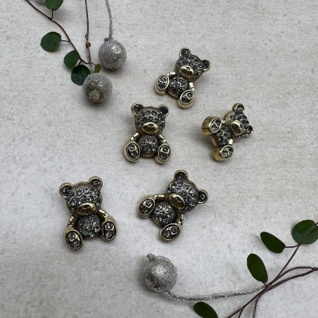 Пуговицы мишки цвета тёмного золота с серыми стразами, 2.4*1.9 мм