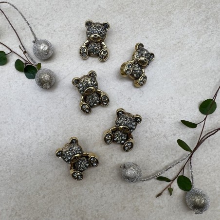 Пуговицы мишки цвета тёмного золота с серыми стразами, 2.4*1.9 мм