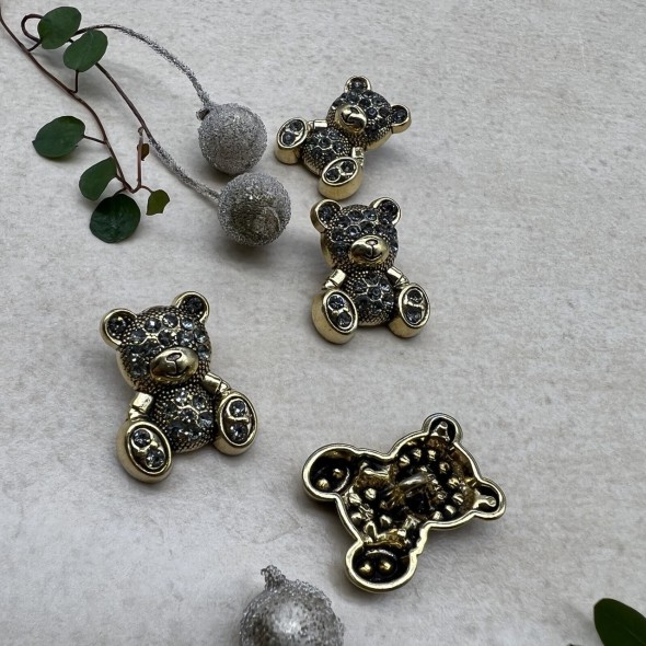 Пуговицы мишки цвета тёмного золота с серыми стразами, 2.4*1.9 мм