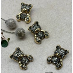 Пуговицы мишки цвета тёмного золота с серыми стразами, 2.4*1.9 мм