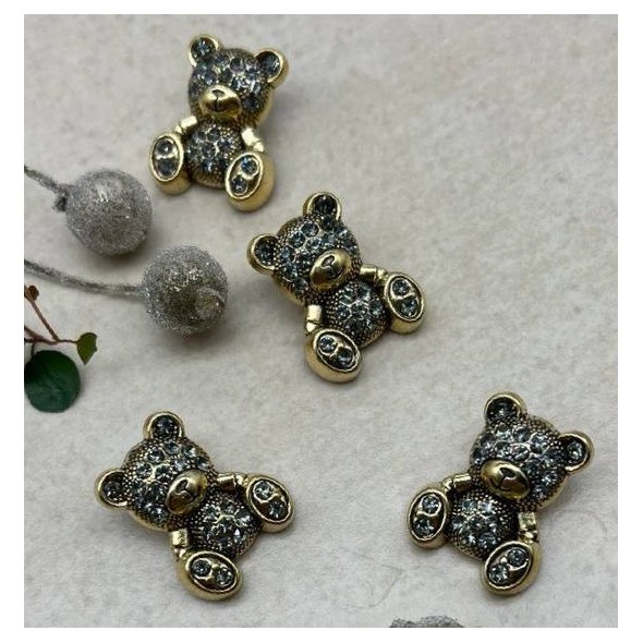 Пуговицы мишки цвета тёмного золота с серыми стразами, 2.4*1.9 мм