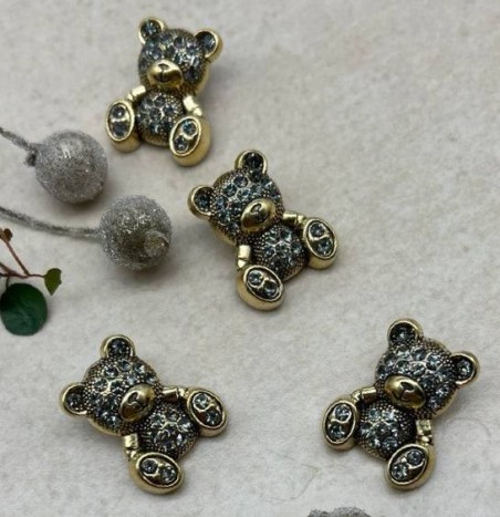 Пуговицы мишки цвета тёмного золота с серыми стразами, 2.4*1.9 мм