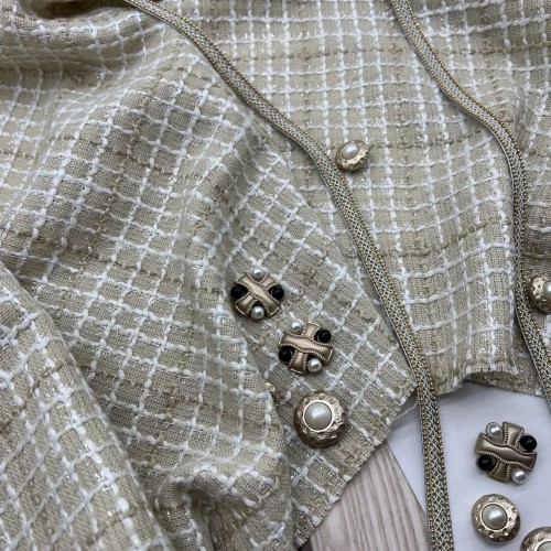 Твид бежевый в клетку с молочными и блестящими нитями