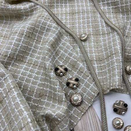 Твид бежевый в клетку с молочными и блестящими нитями