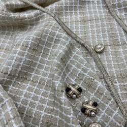 Твид бежевый в клетку с молочными и блестящими нитями