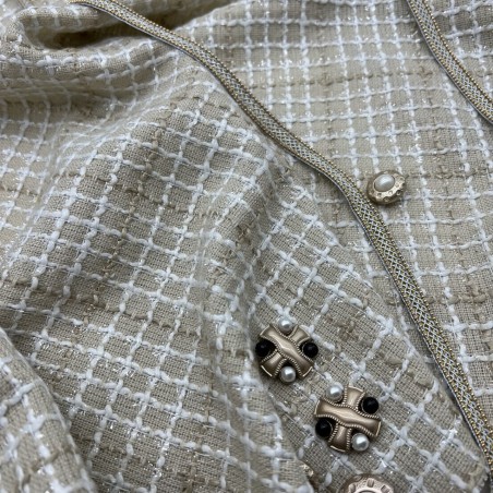 Твид бежевый в клетку с молочными и блестящими нитями