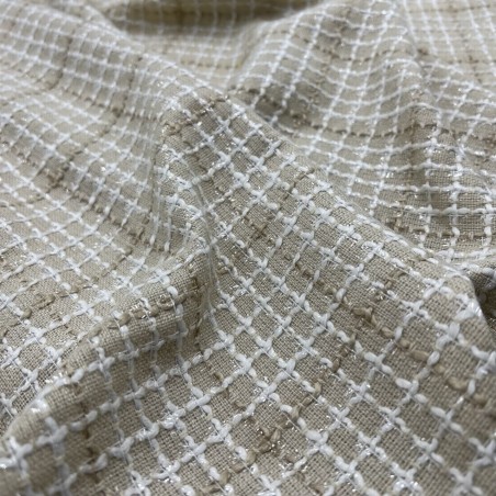 Твид бежевый в клетку с молочными и блестящими нитями