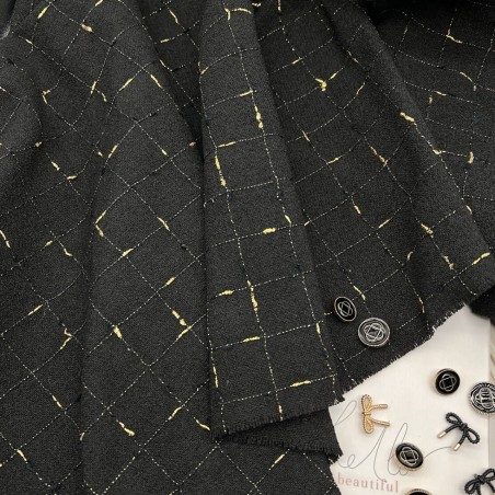 Ткань твид чёрный в клетку с золотистым люрексом