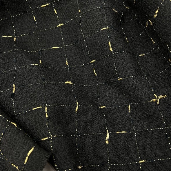 Ткань твид чёрный в клетку с золотистым люрексом