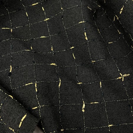 Ткань твид чёрный в клетку с золотистым люрексом