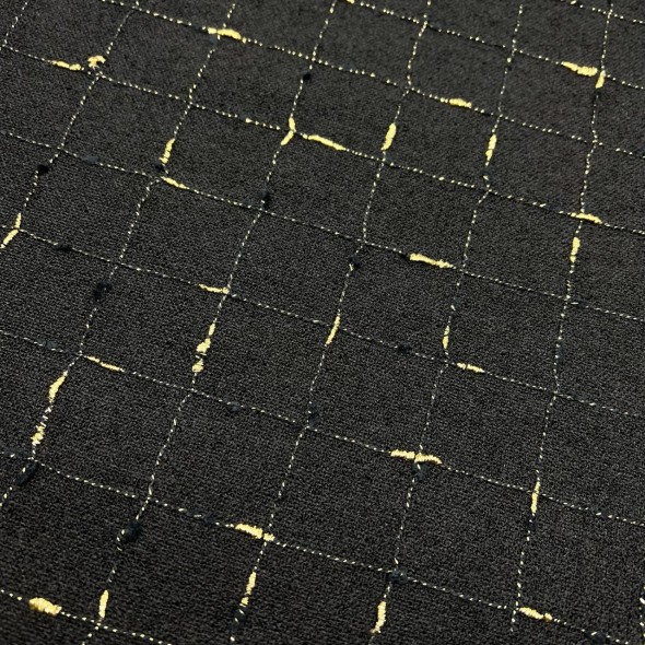 Ткань твид чёрный в клетку с золотистым люрексом