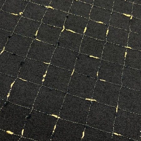 Ткань твид чёрный в клетку с золотистым люрексом