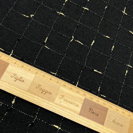 Ткань твид чёрный в клетку с золотистым люрексом