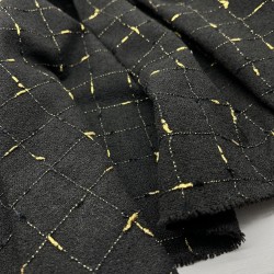 Ткань твид чёрный в клетку с золотистым люрексом