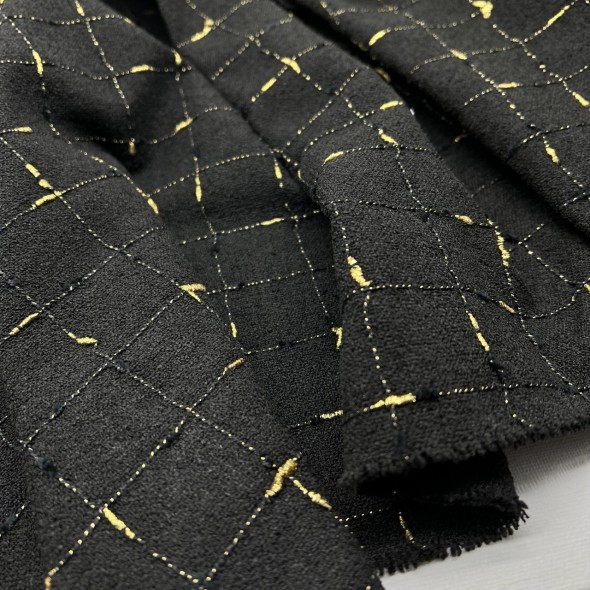 Ткань твид чёрный в клетку с золотистым люрексом