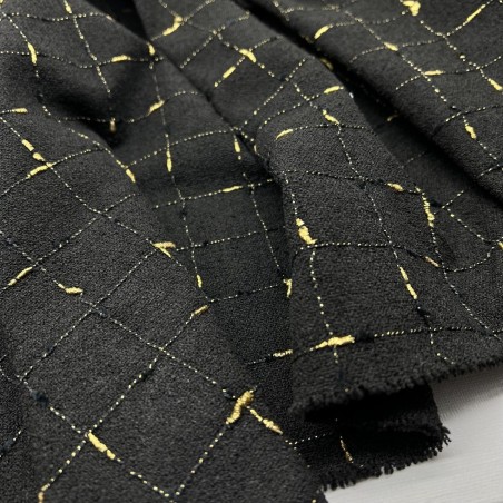 Ткань твид чёрный в клетку с золотистым люрексом