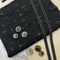 Ткань твид чёрный в клетку с золотистым люрексом