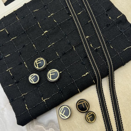 Ткань твид чёрный в клетку с золотистым люрексом