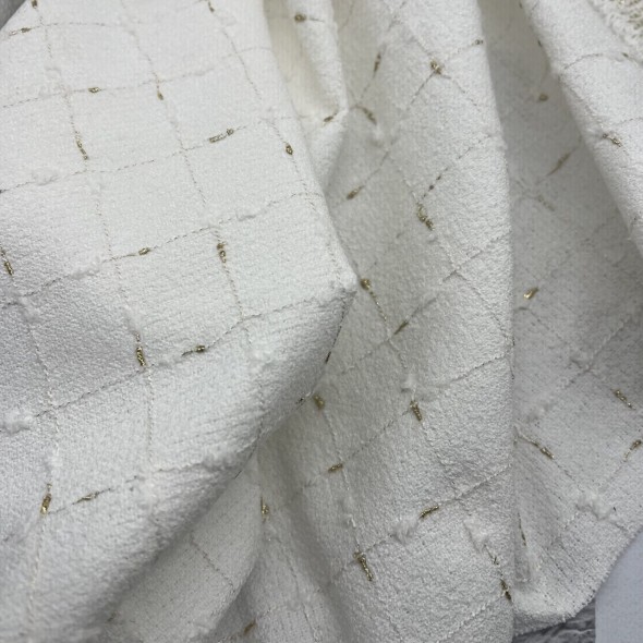 Ткань твид белый в клетку с золотистым люрексом