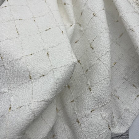 Ткань твид белый в клетку с золотистым люрексом