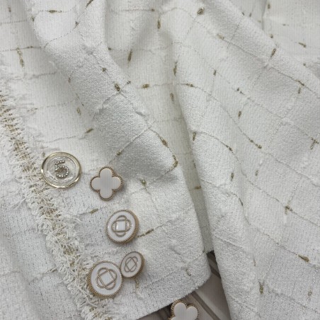 Ткань твид белый в клетку с золотистым люрексом