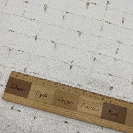 Ткань твид белый в клетку с золотистым люрексом