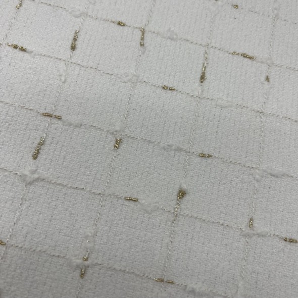 Ткань твид белый в клетку с золотистым люрексом