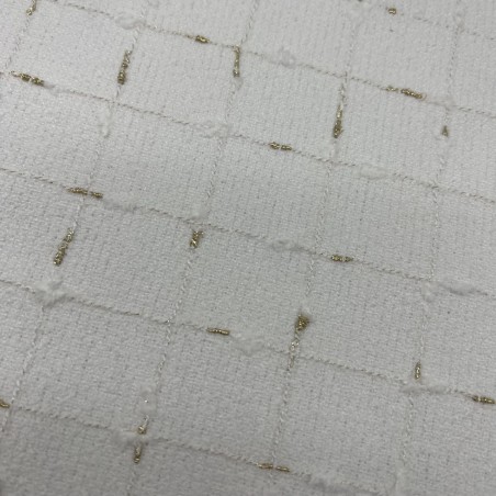 Ткань твид белый в клетку с золотистым люрексом