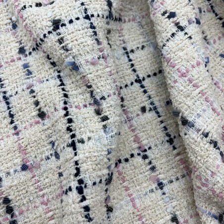 Твид хлопковый молочный в клетку с цветными лентами