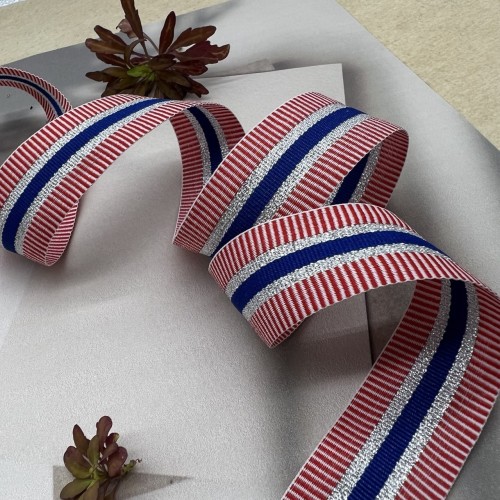 Тесьма репсовая полосатая с серебристым люрексом, 2.5 см 2