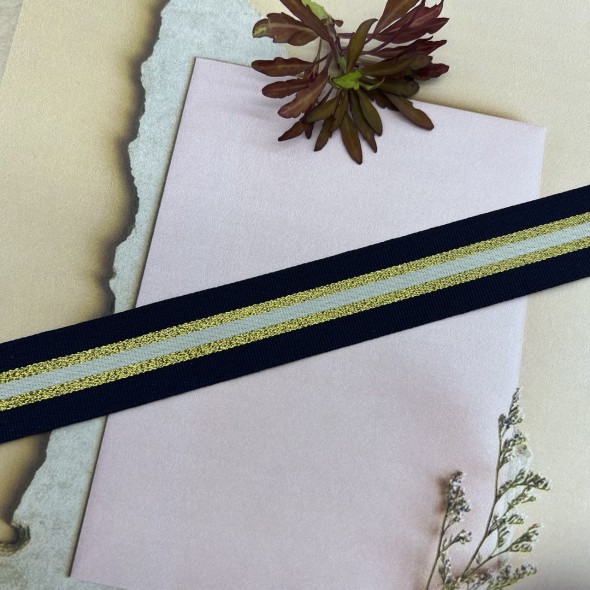 Тесьма репсовая синяя полосатая с золотистым люрексом, 2.5 см