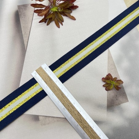 Тесьма репсовая синяя полосатая с золотистым люрексом, 2.5 см