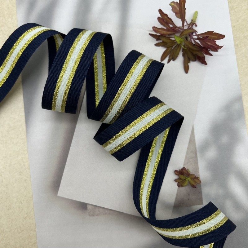 Тесьма репсовая синяя полосатая с золотистым люрексом, 2.5 см