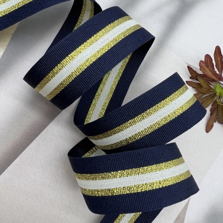 Тесьма репсовая синяя полосатая с золотистым люрексом, 2.5 см