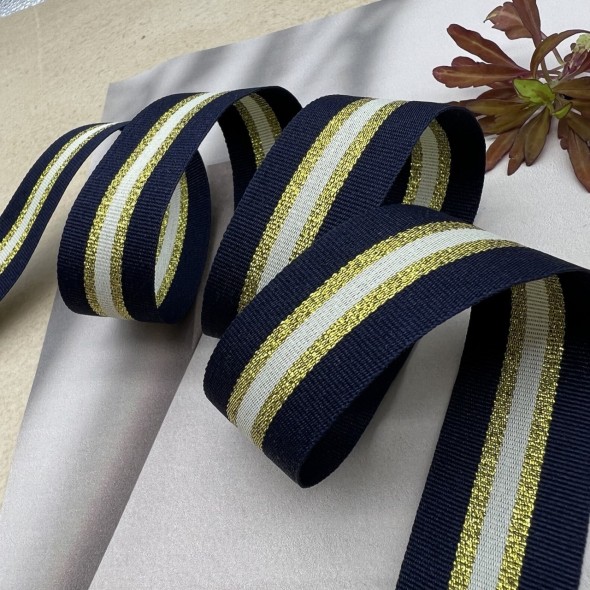 Тесьма репсовая синяя полосатая с золотистым люрексом, 2.5 см