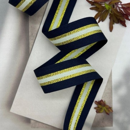 Тесьма репсовая синяя полосатая с золотистым люрексом, 2.5 см