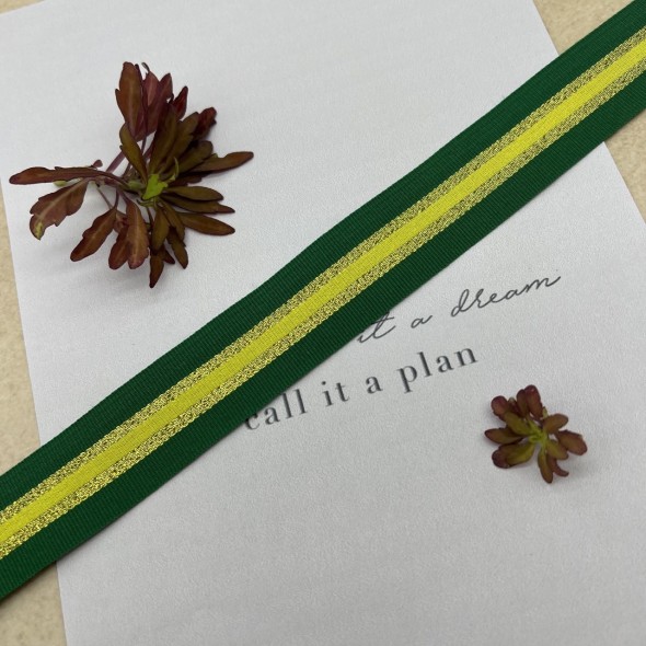 Тесьма репсовая зелёная полосатая с золотистым люрексом, 2.5 см