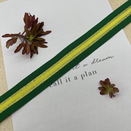 Тесьма репсовая зелёная полосатая с золотистым люрексом, 2.5 см